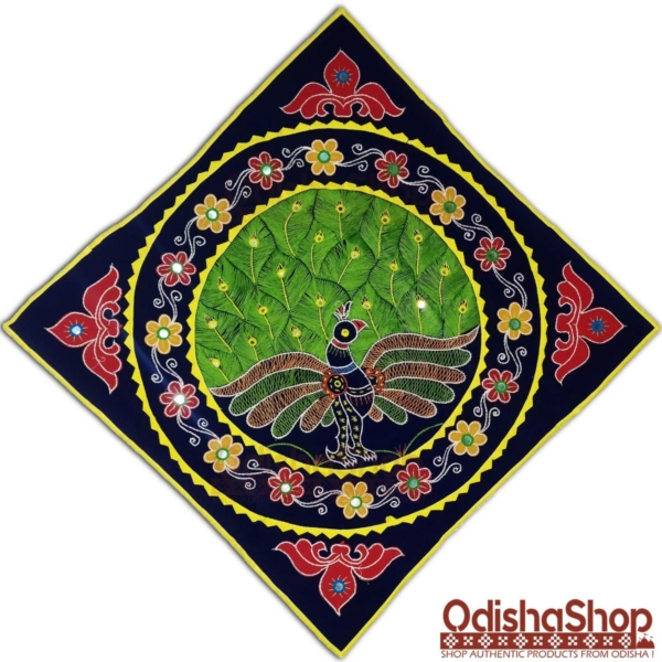 Handcrafted Pipili Applique Wall Hanging Chandua Green Peacock With Indigo Background